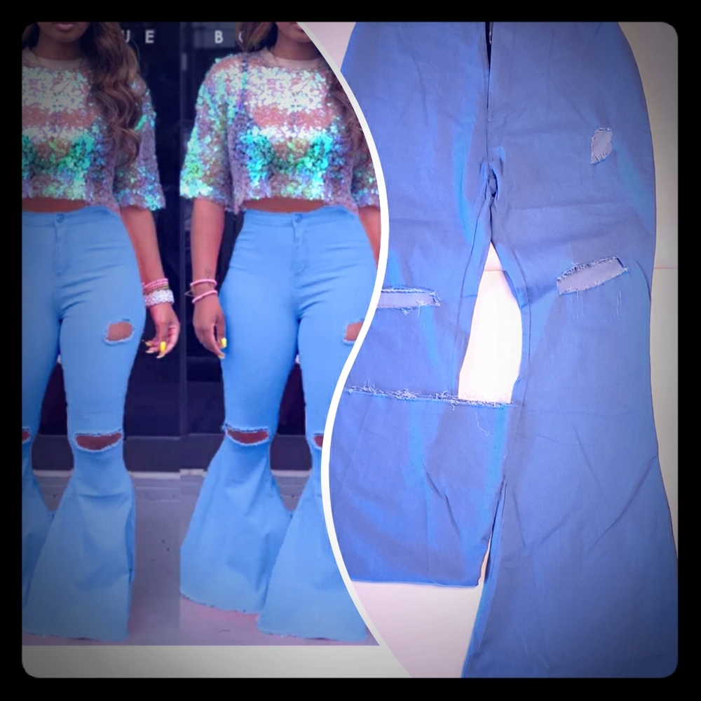 Bell bottom high waist leggings jeans. color blue